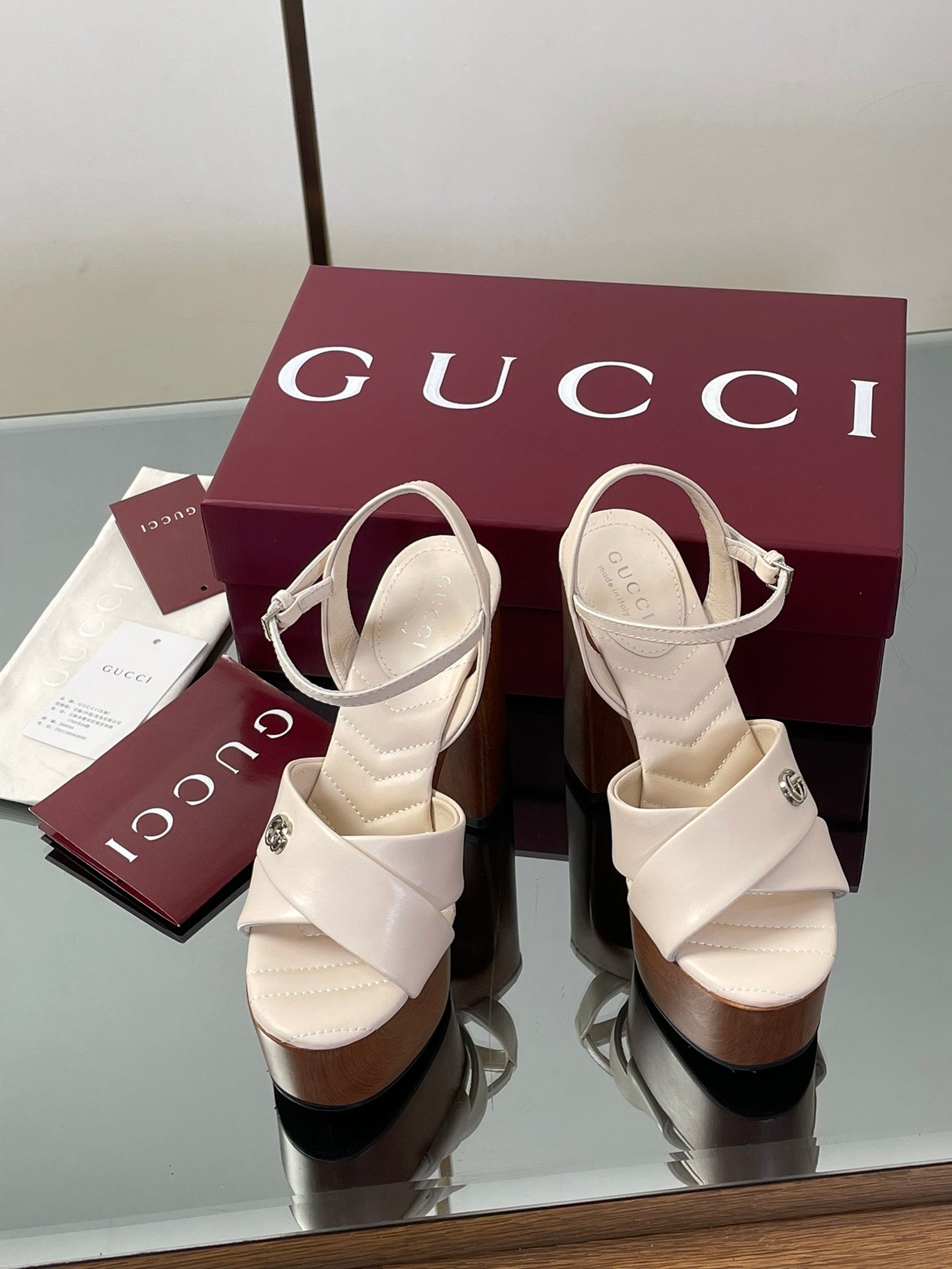 GUCCI 26S DOUBLE G LOGO PLATFORM SANDAL HEELS 130MM IN IVORY WHITE CALFSKIN
