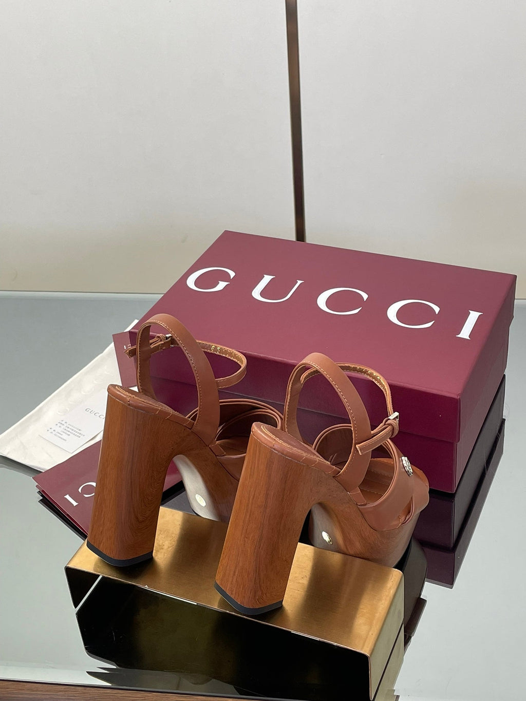 GUCCI 26S DOUBLE G LOGO PLATFORM SANDAL HEELS 130MM IN CARAMEL BROWN CALFSKIN