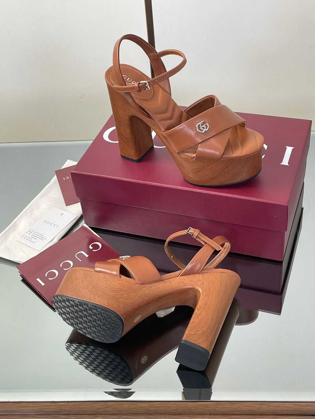 GUCCI 26S DOUBLE G LOGO PLATFORM SANDAL HEELS 130MM IN CARAMEL BROWN CALFSKIN