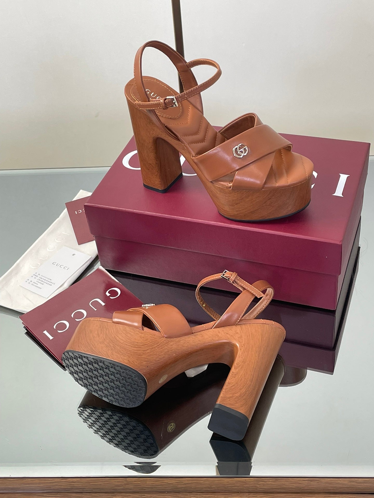 GUCCI 26S DOUBLE G LOGO PLATFORM SANDAL HEELS 130MM IN CARAMEL BROWN CALFSKIN