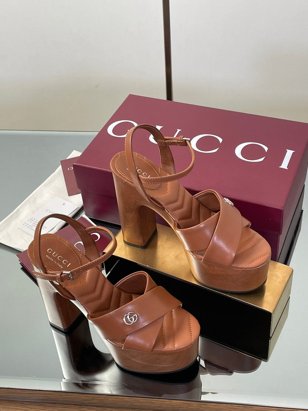GUCCI 26S DOUBLE G LOGO PLATFORM SANDAL HEELS 130MM IN CARAMEL BROWN CALFSKIN