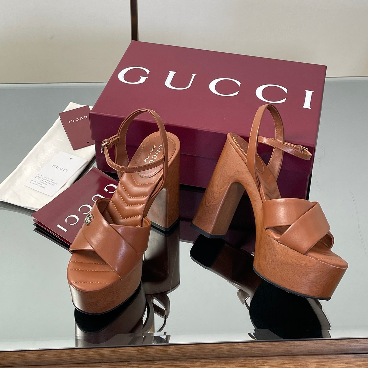 GUCCI 26S DOUBLE G LOGO PLATFORM SANDAL HEELS 130MM IN CARAMEL BROWN CALFSKIN