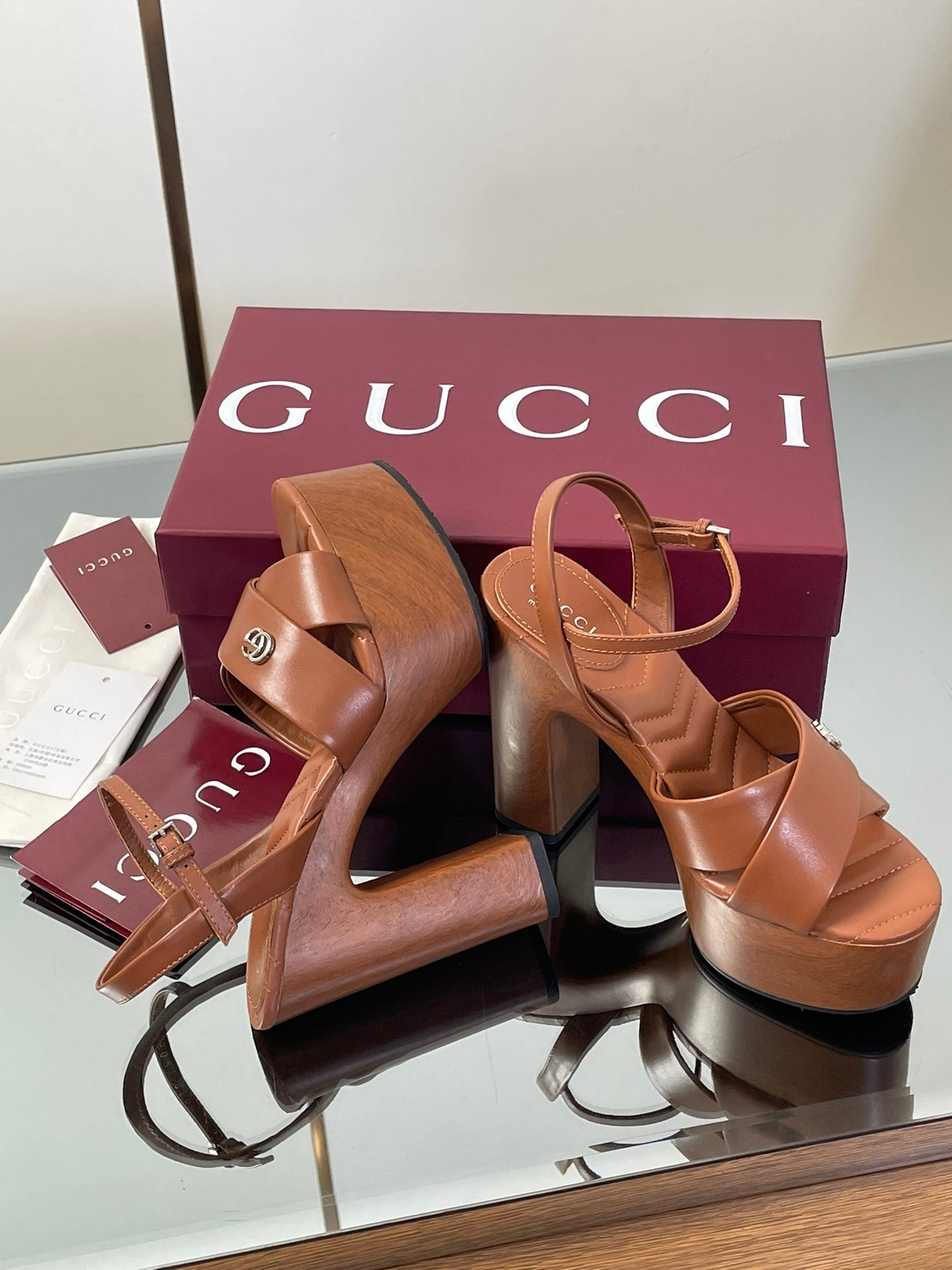 GUCCI 26S DOUBLE G LOGO PLATFORM SANDAL HEELS 130MM IN CARAMEL BROWN CALFSKIN