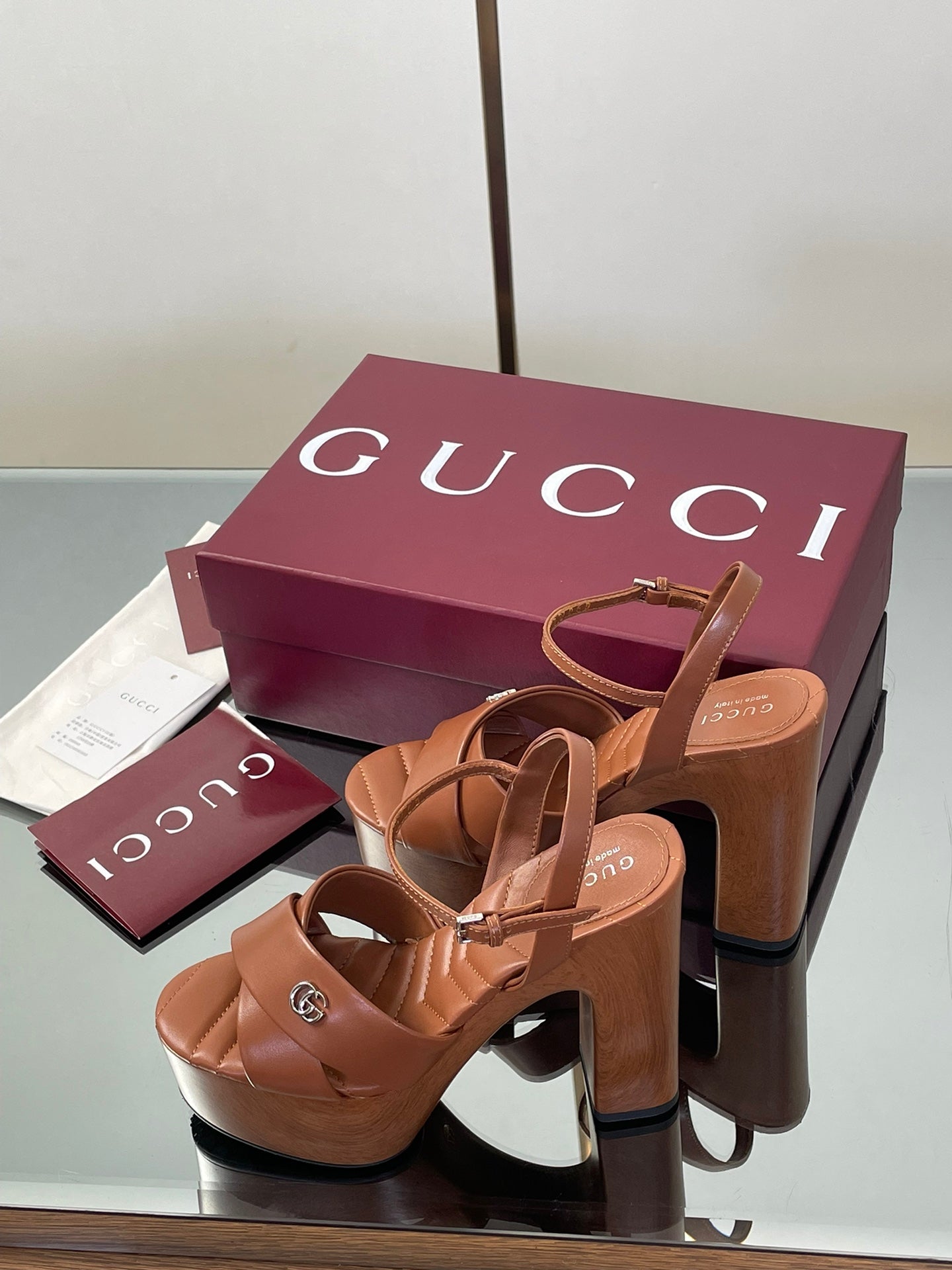 GUCCI 26S DOUBLE G LOGO PLATFORM SANDAL HEELS 130MM IN CARAMEL BROWN CALFSKIN