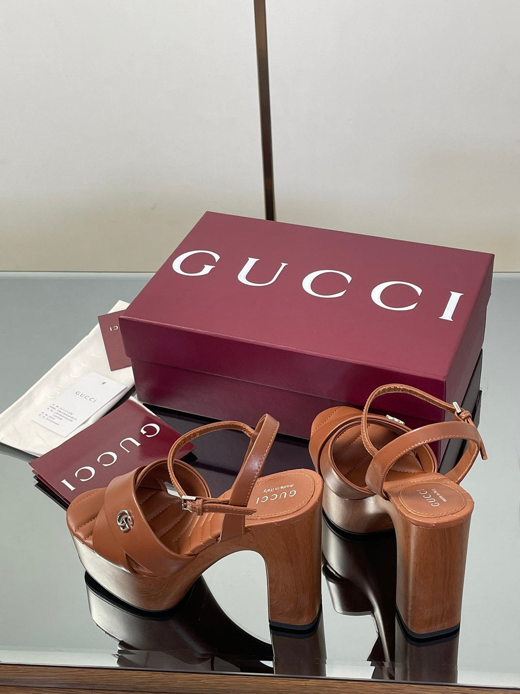 GUCCI 26S DOUBLE G LOGO PLATFORM SANDAL HEELS 130MM IN CARAMEL BROWN CALFSKIN