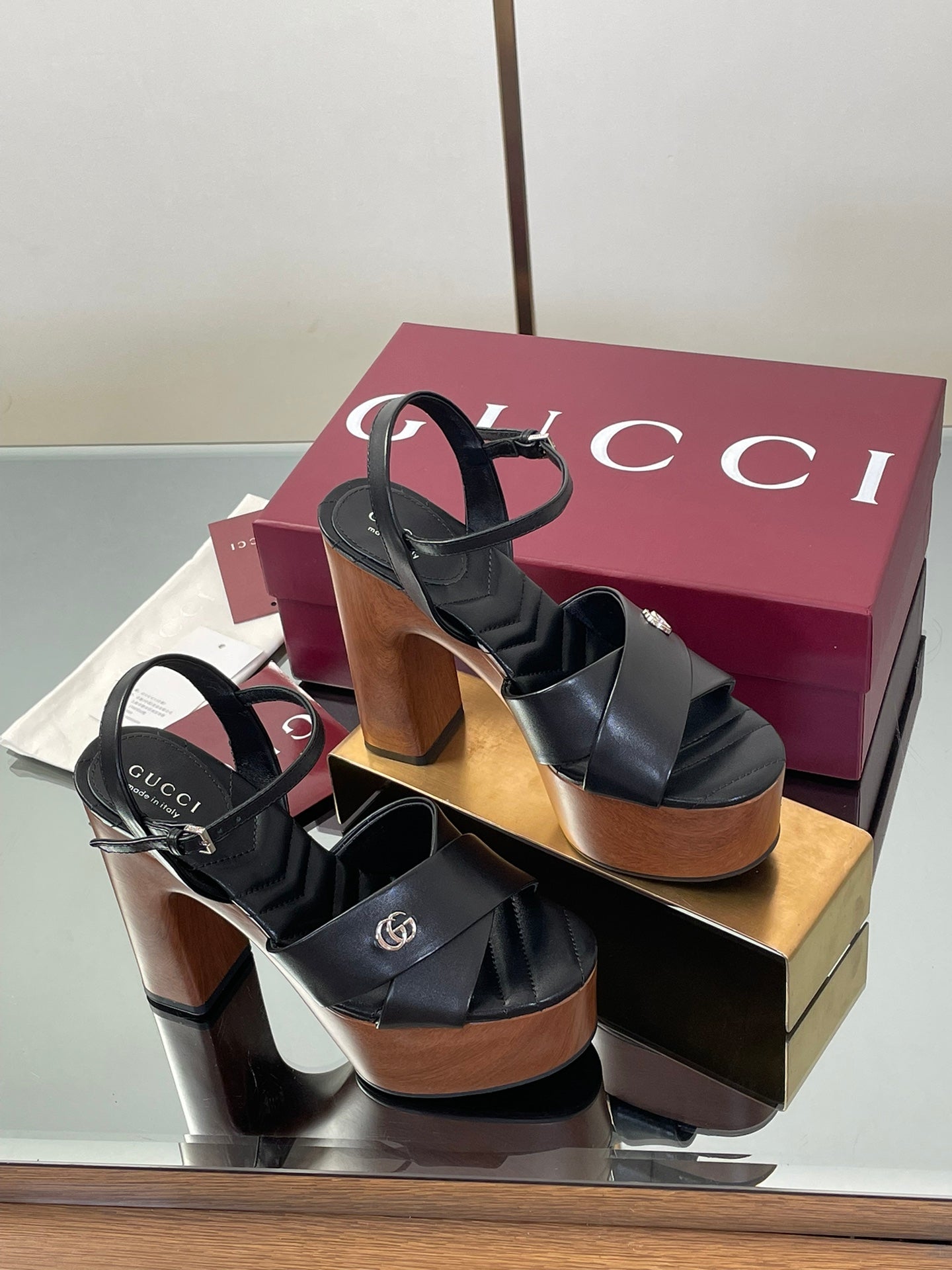GUCCI 26S DOUBLE G LOGO PLATFORM SANDAL HEELS 130MM IN BLACK CALFSKIN