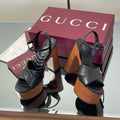 GUCCI 26S DOUBLE G LOGO PLATFORM SANDAL HEELS 130MM IN BLACK CALFSKIN