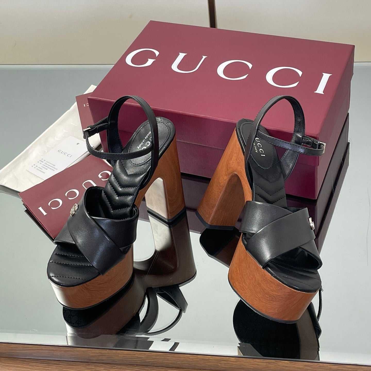 GUCCI 26S DOUBLE G LOGO PLATFORM SANDAL HEELS 130MM IN BLACK CALFSKIN