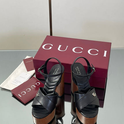 GUCCI 26S DOUBLE G LOGO PLATFORM SANDAL HEELS 130MM IN BLACK CALFSKIN
