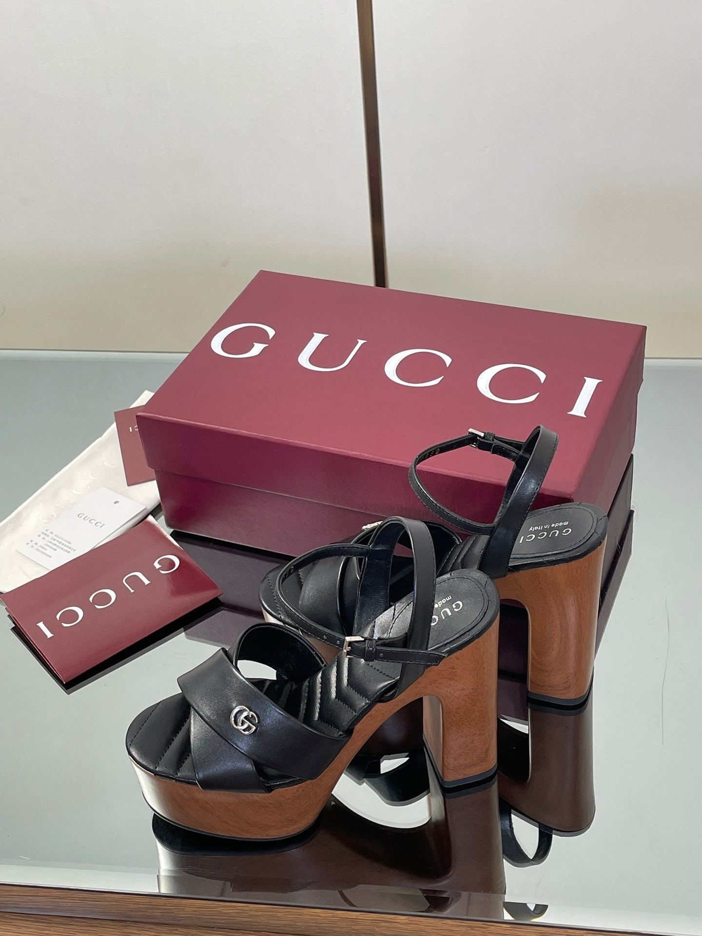 GUCCI 26S DOUBLE G LOGO PLATFORM SANDAL HEELS 130MM IN BLACK CALFSKIN