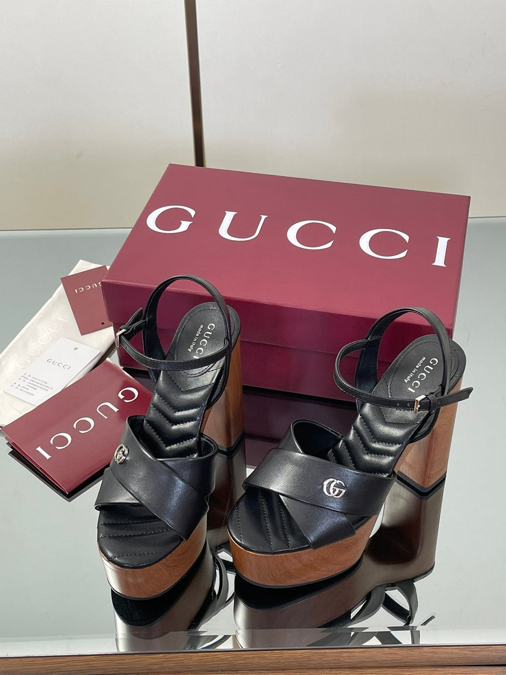 GUCCI 26S DOUBLE G LOGO PLATFORM SANDAL HEELS 130MM IN BLACK CALFSKIN