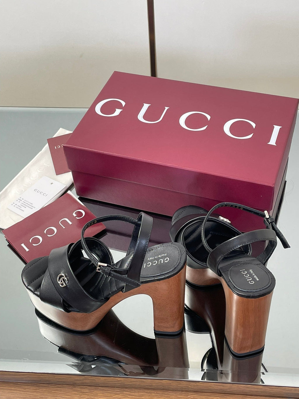 GUCCI 26S DOUBLE G LOGO PLATFORM SANDAL HEELS 130MM IN BLACK CALFSKIN
