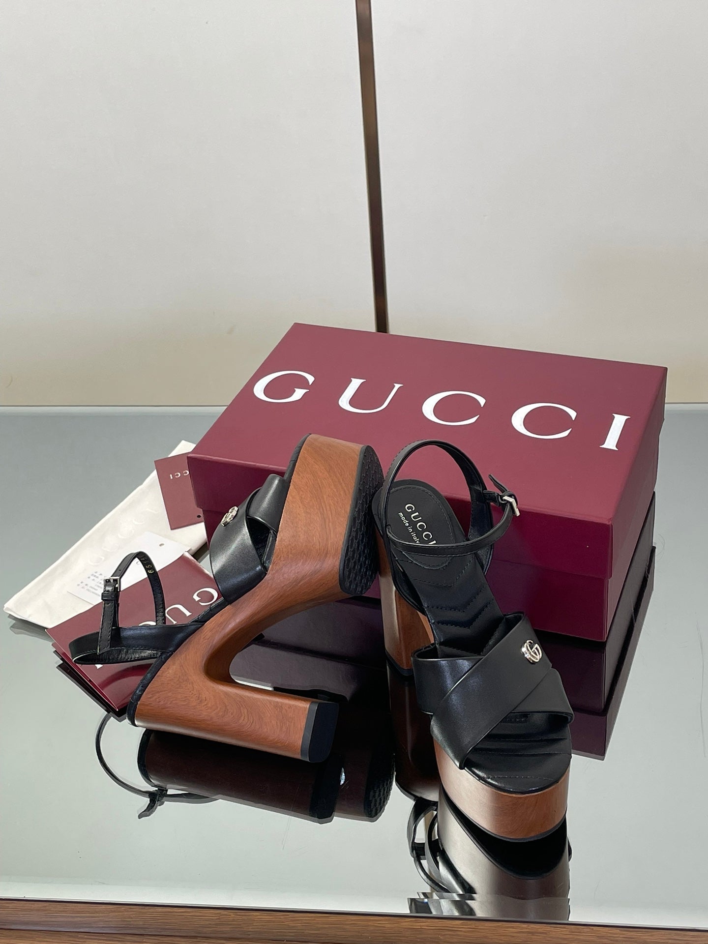 GUCCI 26S DOUBLE G LOGO PLATFORM SANDAL HEELS 130MM IN BLACK CALFSKIN