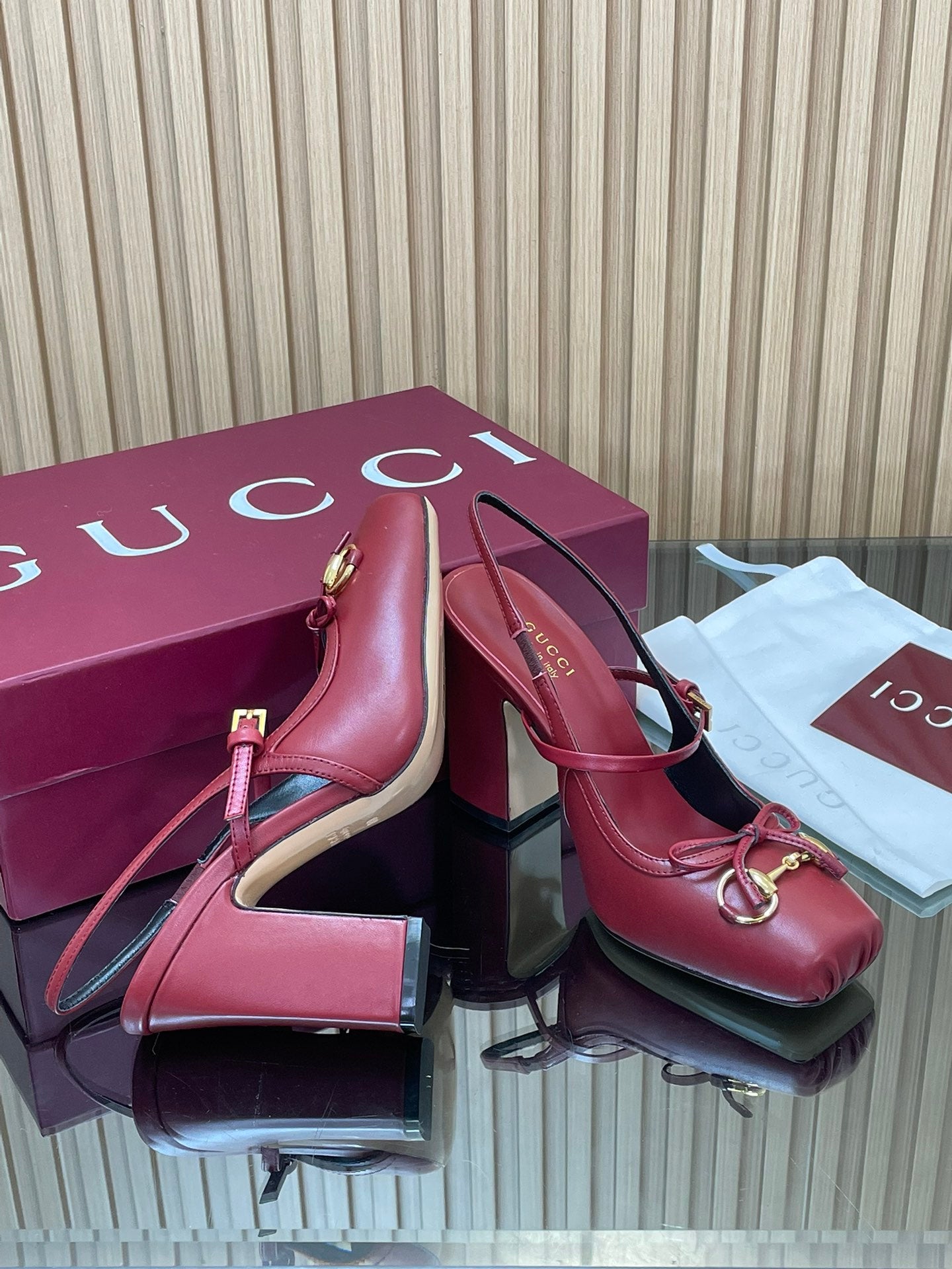 GG HORSEBIT HIGH HEEL 95MM IN BURGUNDY RED CALFSKIN
