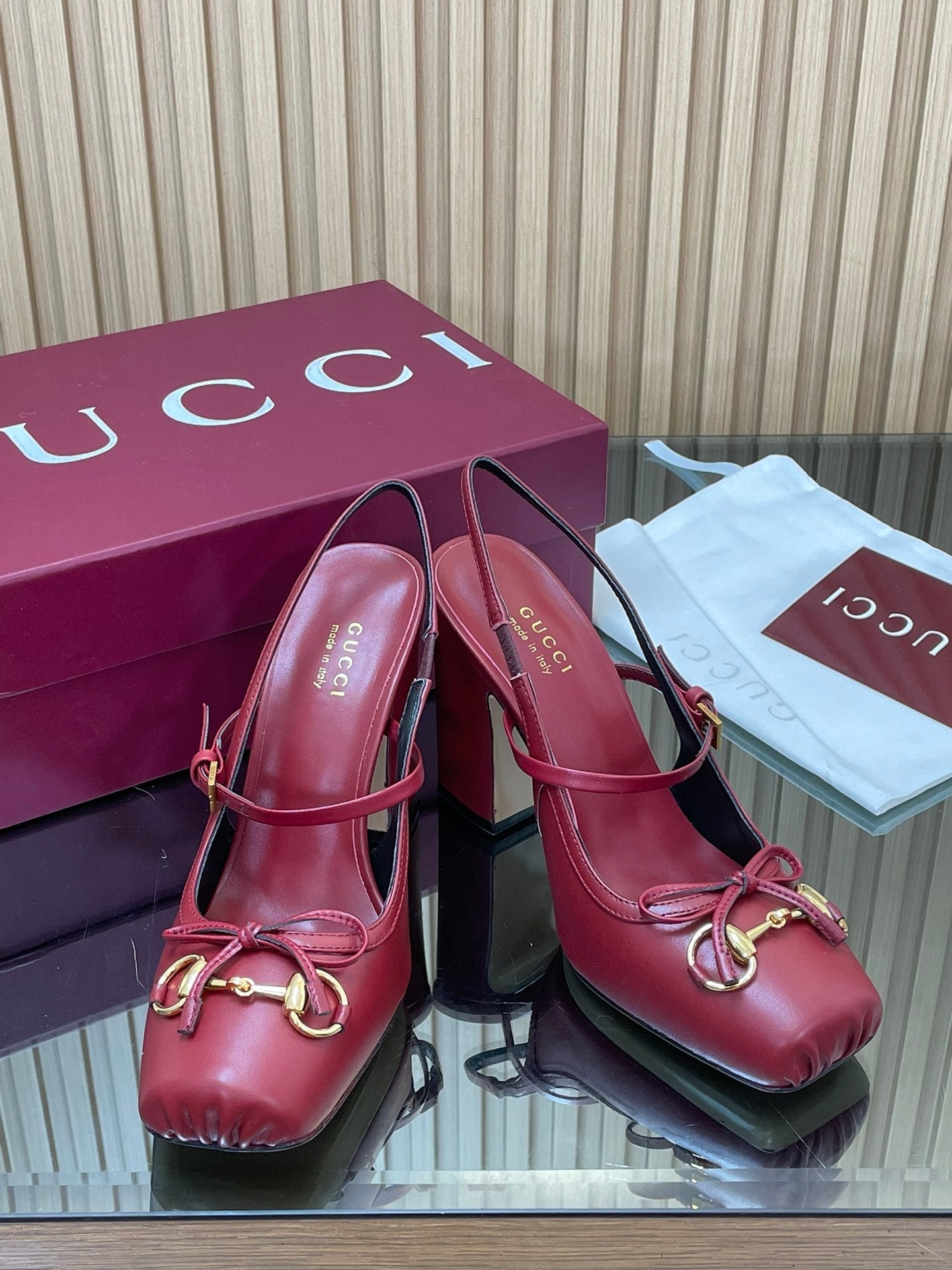 GG HORSEBIT HIGH HEEL 95MM IN BURGUNDY RED CALFSKIN