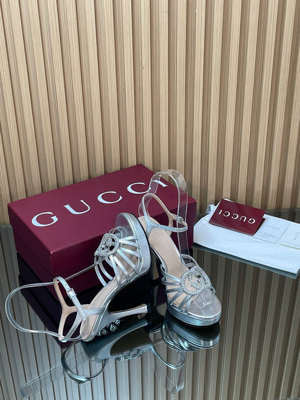 GUCCI 26S HIGH-HEELED SANDALS 125 MM IN SILVER CALFSKIN