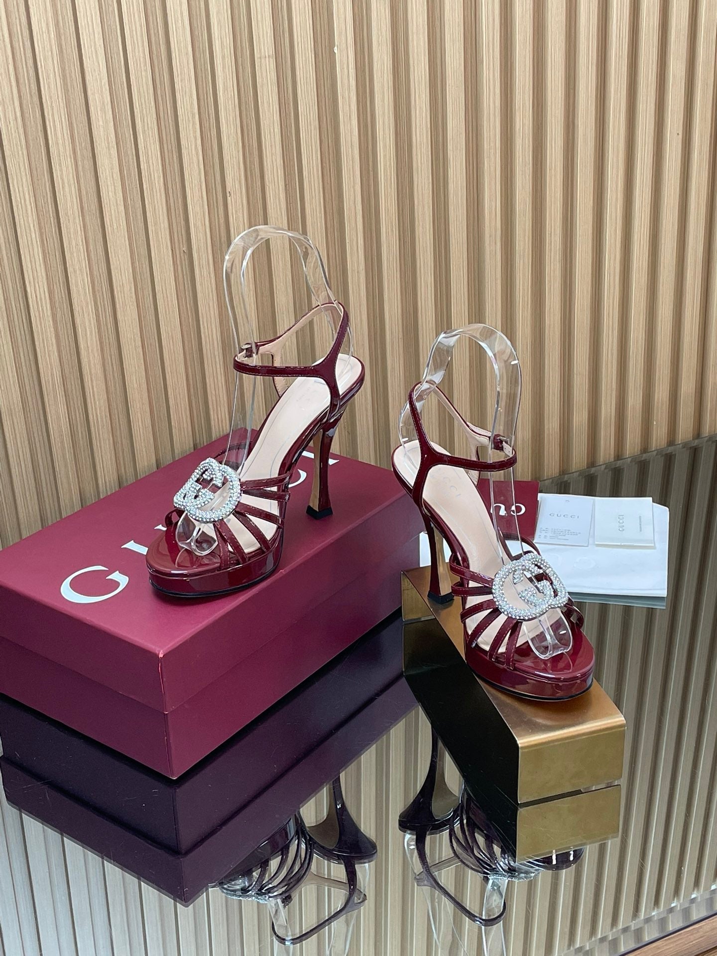 GUCCI 26S HIGH-HEELED SANDALS 125 MM IN DARK RED CALFSKIN