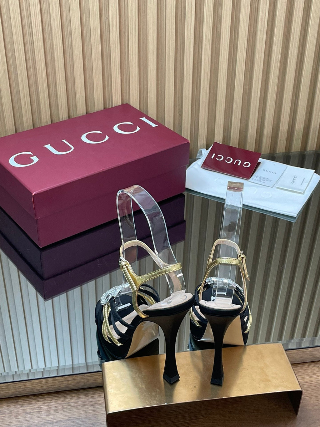 GUCCI 26S HIGH-HEELED SANDALS 125 MM IN BLACK SATIN AND GOLD CALFSKIN