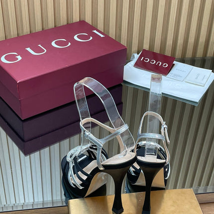 GUCCI 26S HIGH-HEELED SANDALS 125 MM IN BLACK SATIN AND SILVER CALFSKIN