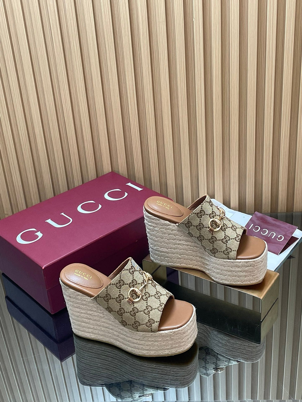 GUCCI 26S WEDGE SANDALS 110 MM IN BEIGE CANVAS GG MONOGRAM