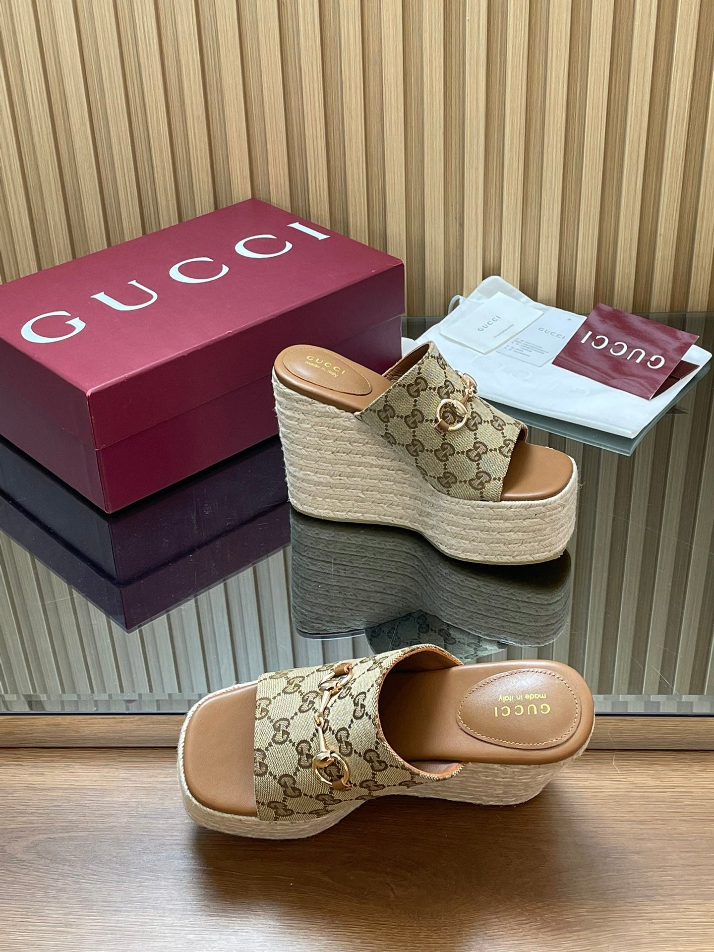 GUCCI 26S WEDGE SANDALS 110 MM IN BEIGE CANVAS GG MONOGRAM