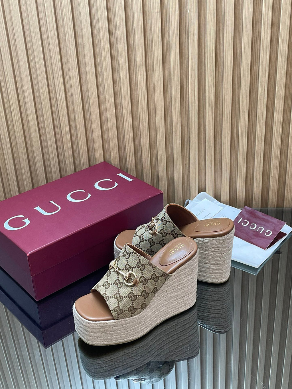 GUCCI 26S WEDGE SANDALS 110 MM IN BEIGE CANVAS GG MONOGRAM