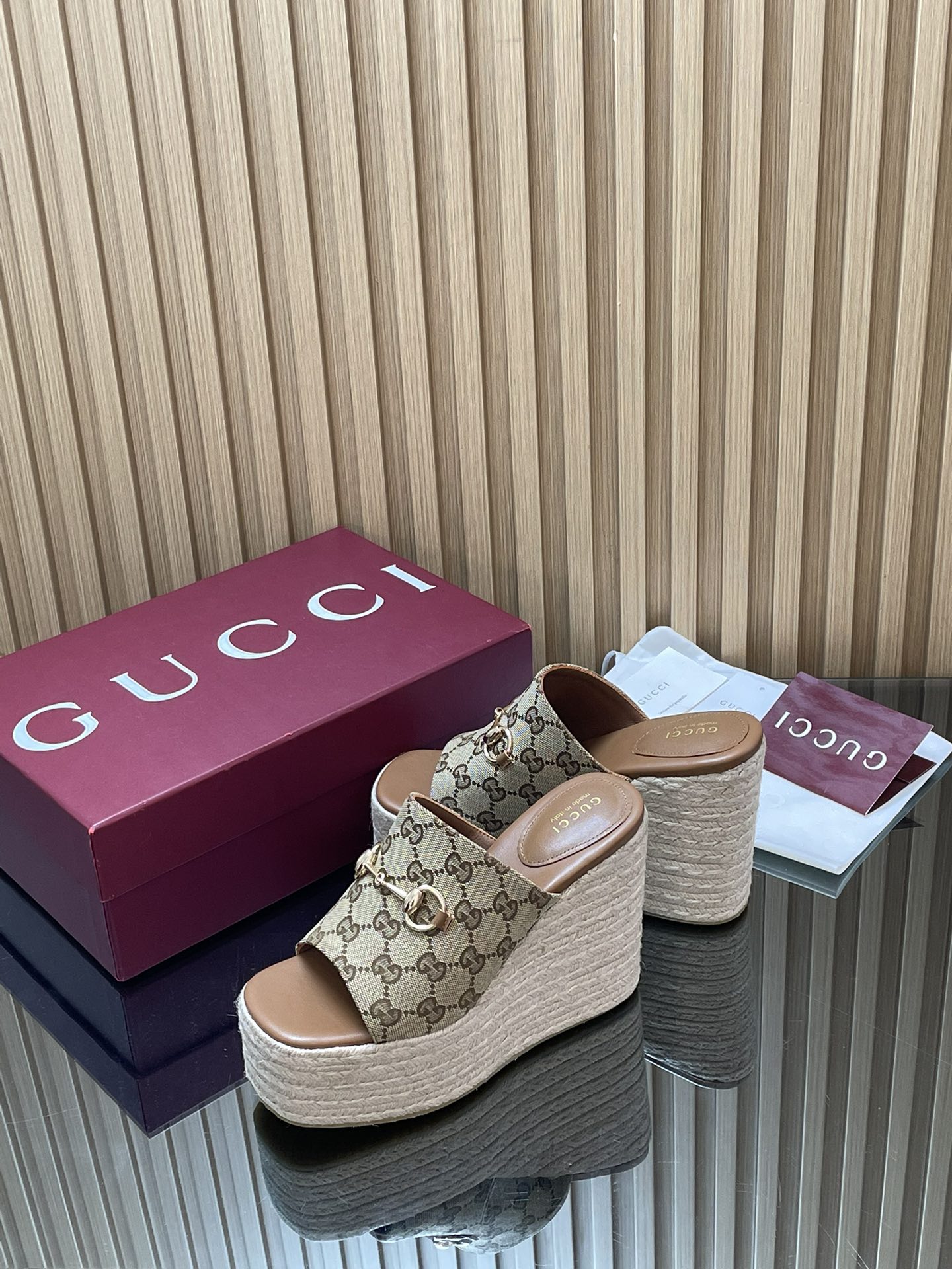 GUCCI 26S WEDGE SANDALS 110 MM IN BEIGE CANVAS GG MONOGRAM