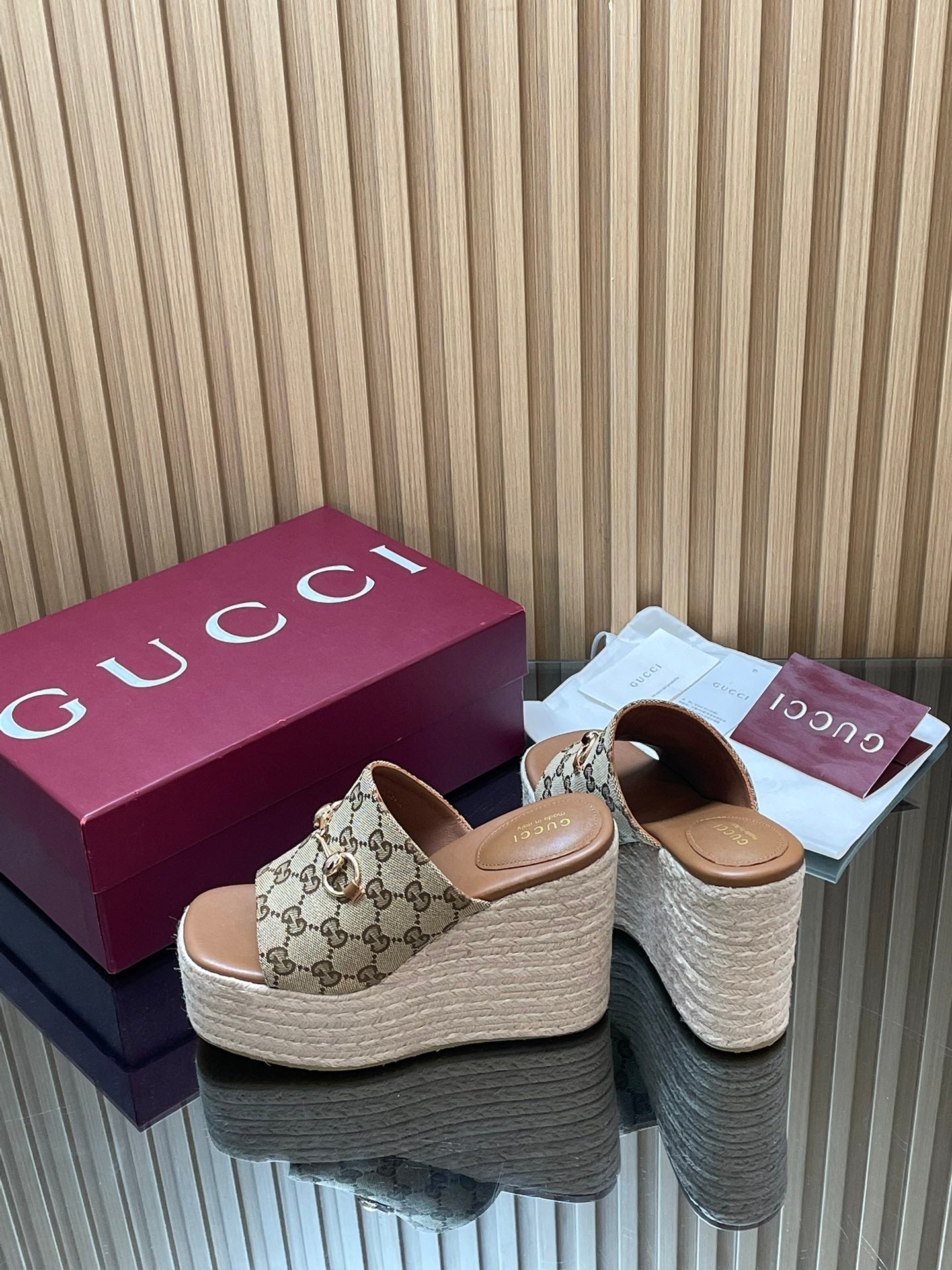 GUCCI 26S WEDGE SANDALS 110 MM IN BEIGE CANVAS GG MONOGRAM