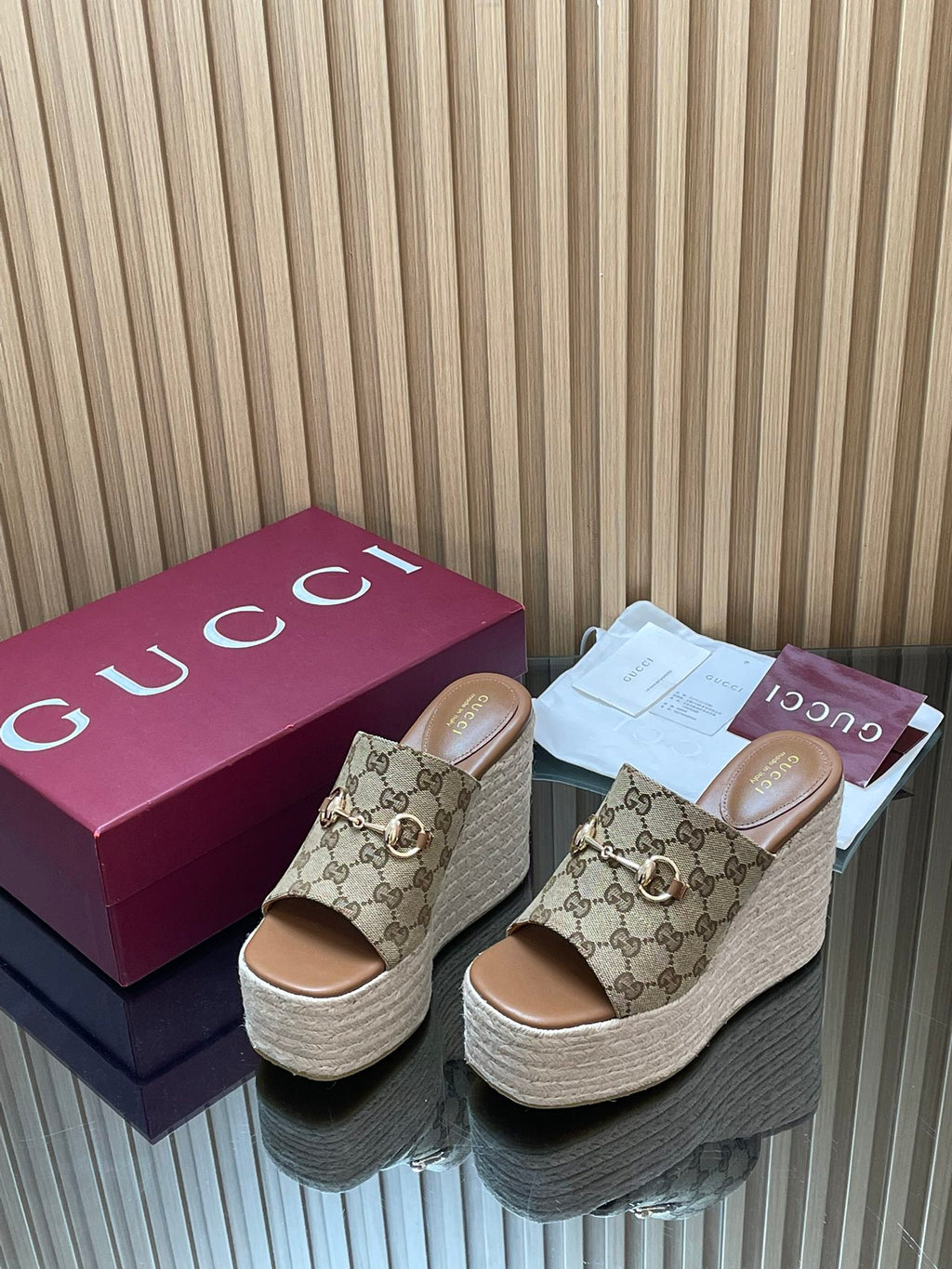 GUCCI 26S WEDGE SANDALS 110 MM IN BEIGE CANVAS GG MONOGRAM
