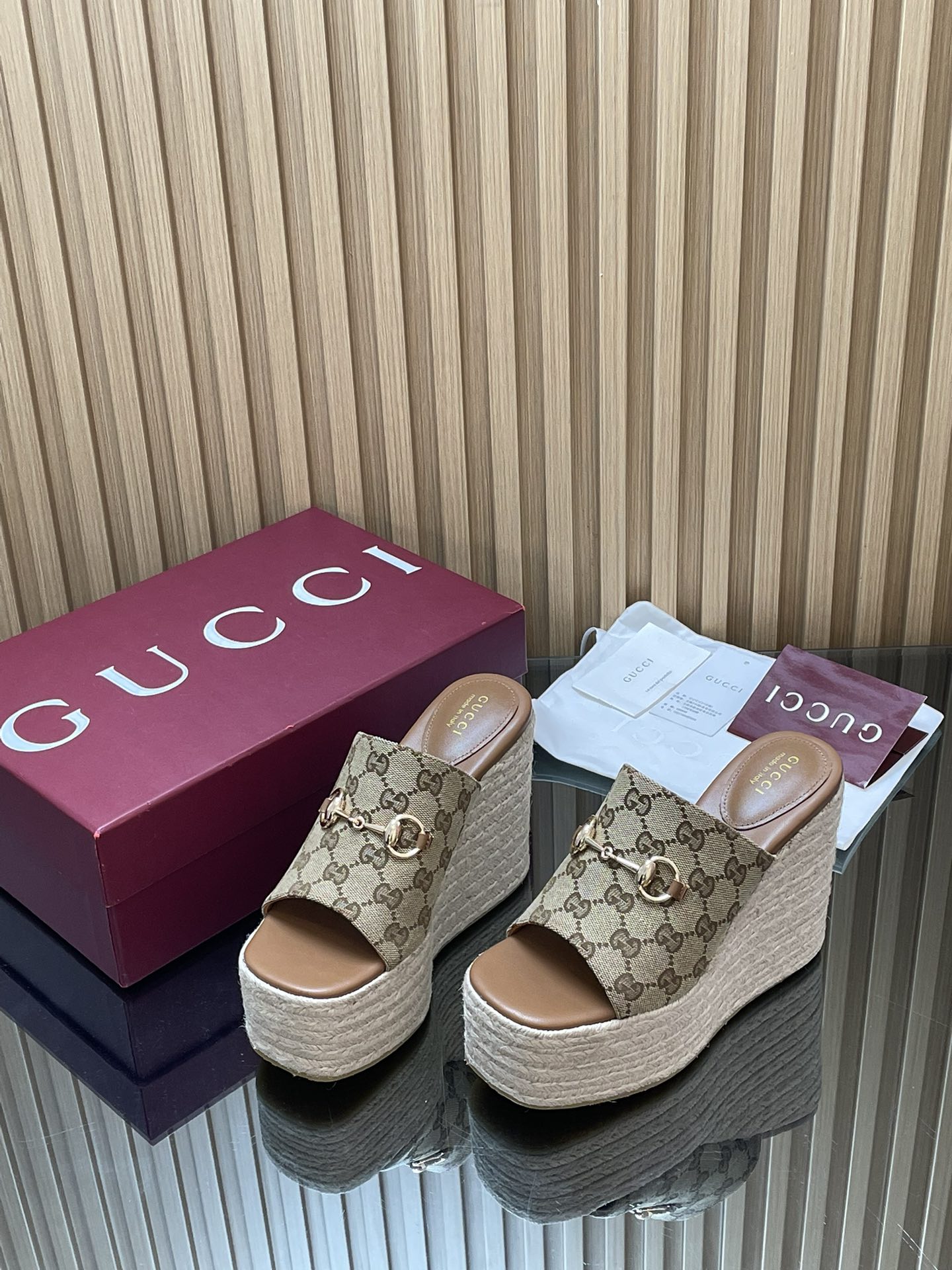 GUCCI 26S WEDGE SANDALS 110 MM IN BEIGE CANVAS GG MONOGRAM