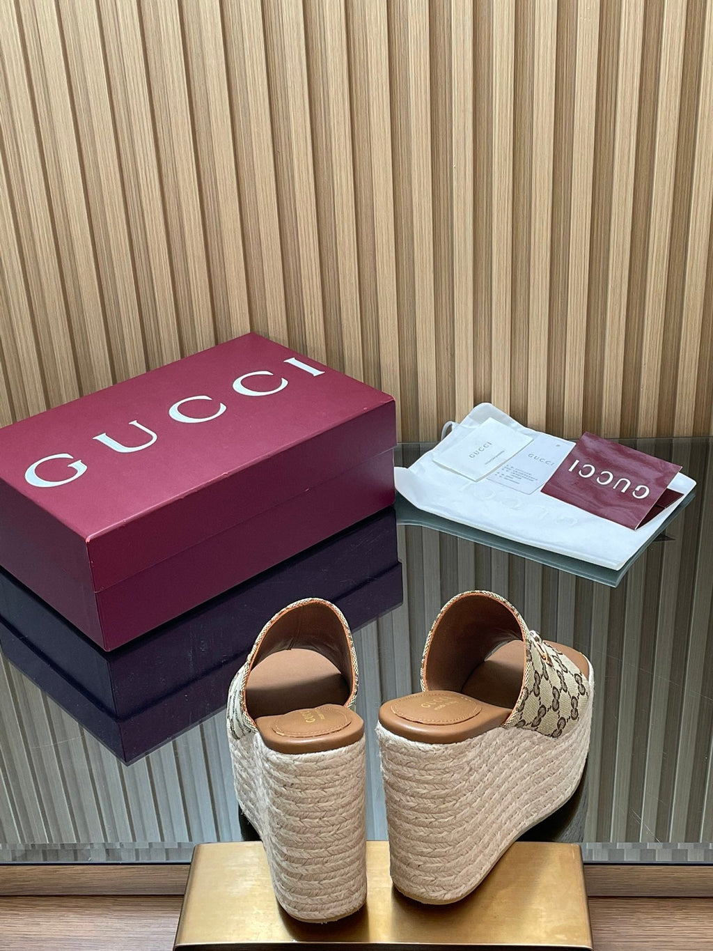 GUCCI 26S WEDGE SANDALS 110 MM IN BEIGE CANVAS GG MONOGRAM