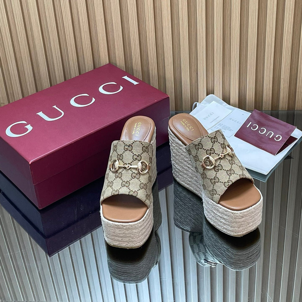 GUCCI 26S WEDGE SANDALS 110 MM IN BEIGE CANVAS GG MONOGRAM
