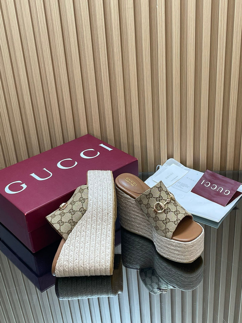 GUCCI 26S WEDGE SANDALS 110 MM IN BEIGE CANVAS GG MONOGRAM