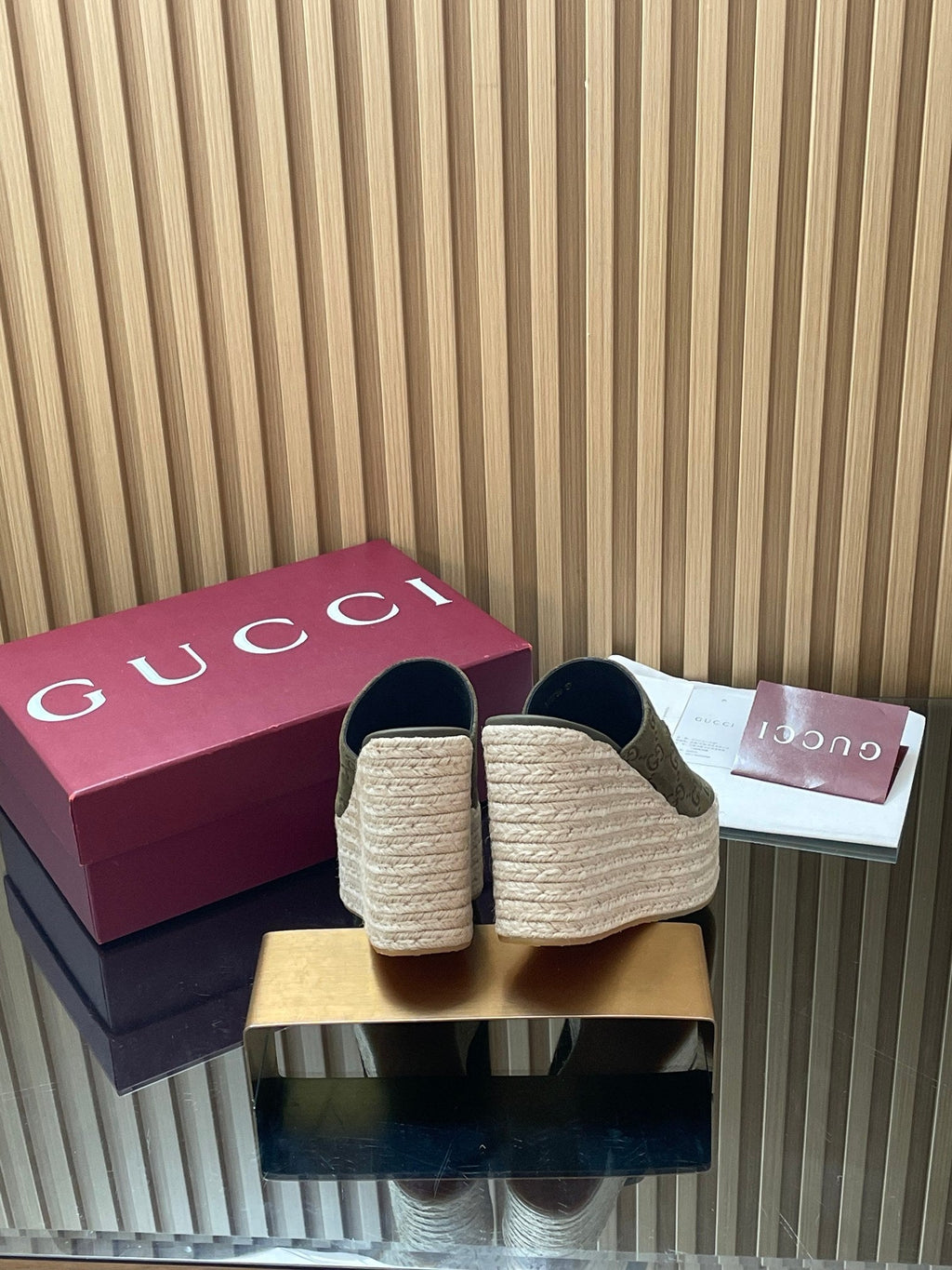 GUCCI 26S WEDGE SANDALS 110 MM IN OLIVE GREEN SUEDE GG MONOGRAM