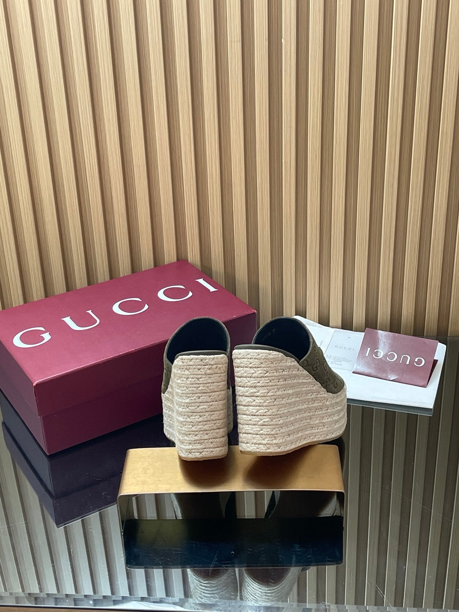 GUCCI 26S WEDGE SANDALS 110 MM IN OLIVE GREEN SUEDE GG MONOGRAM