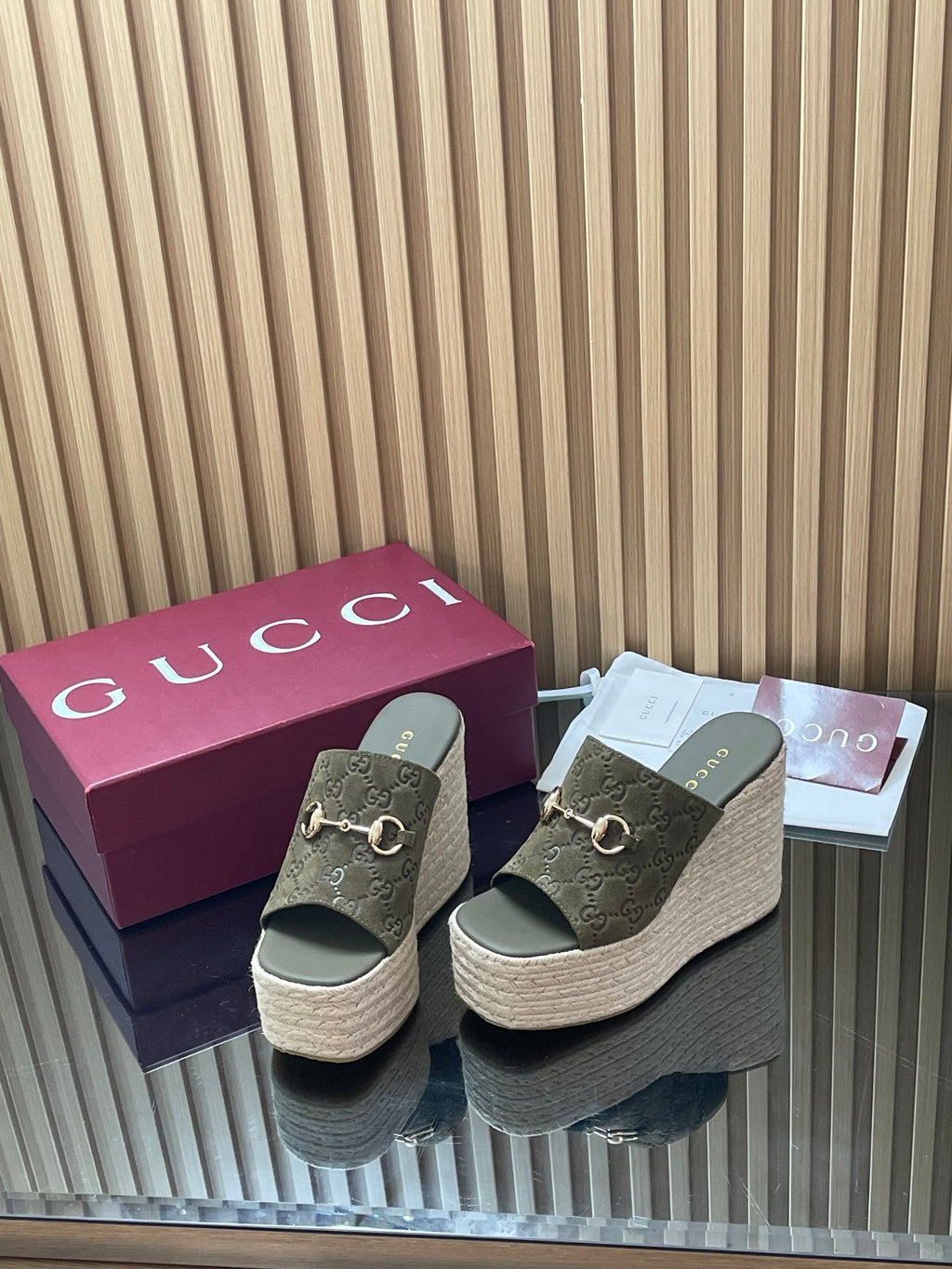 GUCCI 26S WEDGE SANDALS 110 MM IN OLIVE GREEN SUEDE GG MONOGRAM