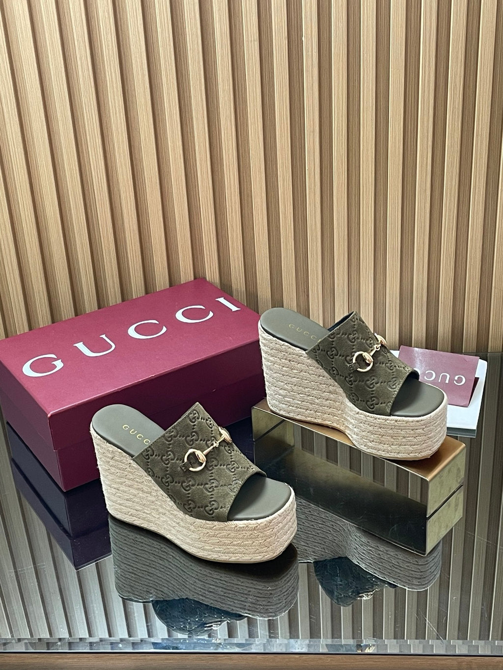 GUCCI 26S WEDGE SANDALS 110 MM IN OLIVE GREEN SUEDE GG MONOGRAM
