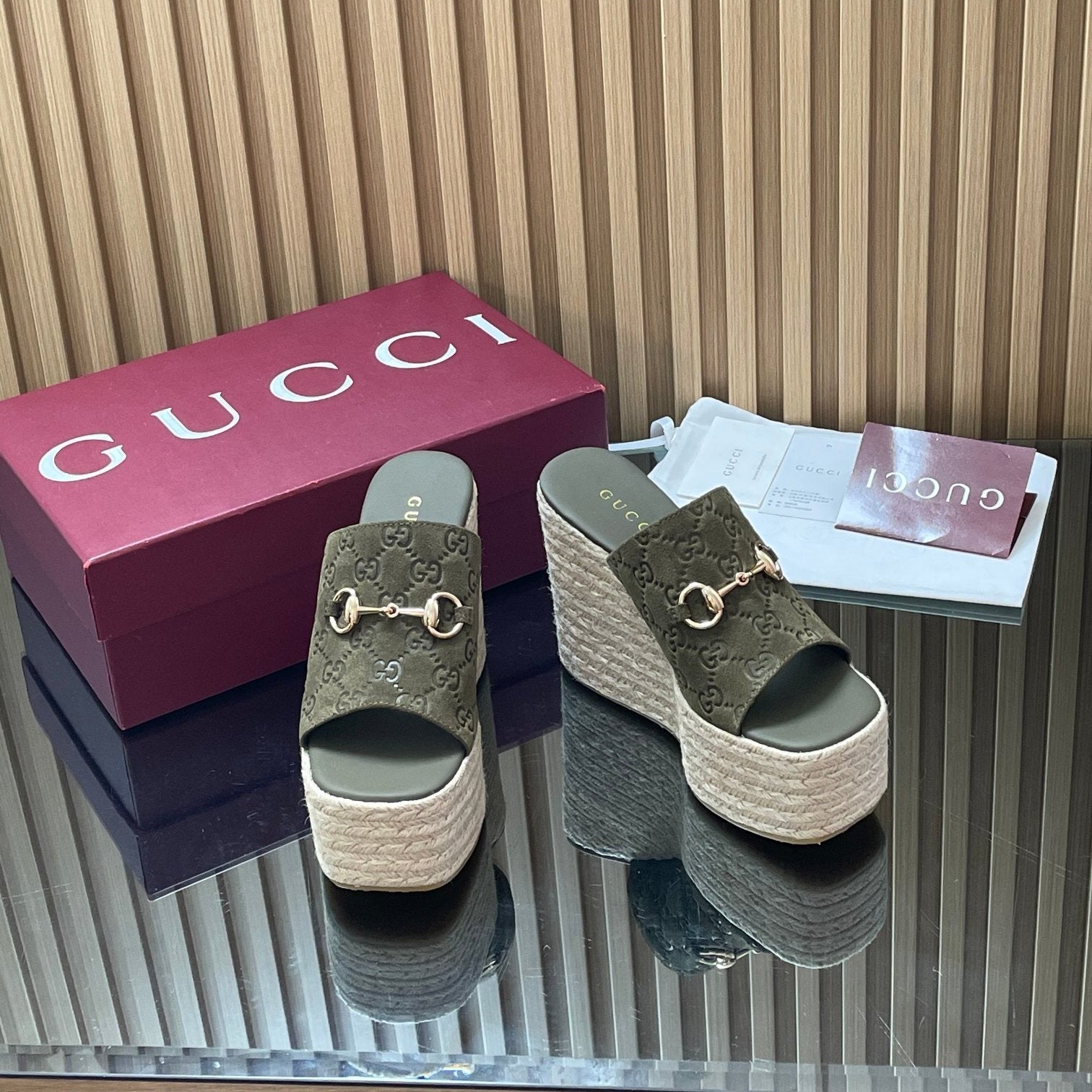 GUCCI 26S WEDGE SANDALS 110 MM IN OLIVE GREEN SUEDE GG MONOGRAM