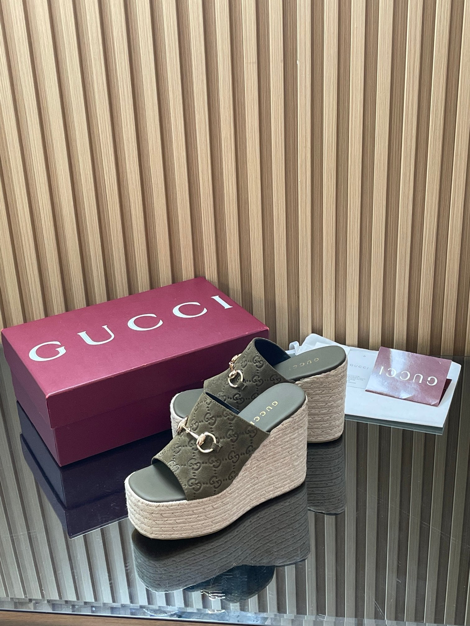 GUCCI 26S WEDGE SANDALS 110 MM IN OLIVE GREEN SUEDE GG MONOGRAM