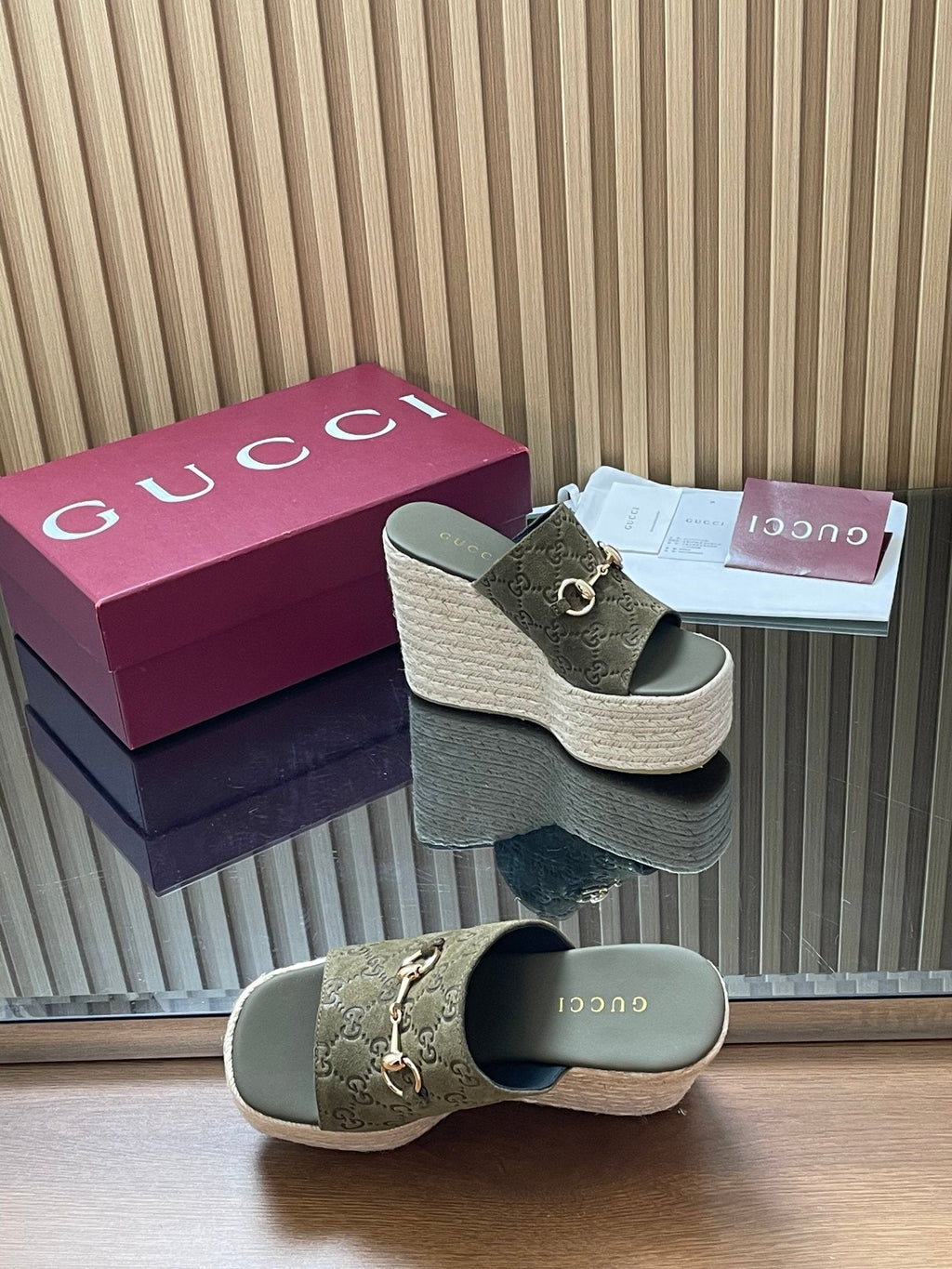 GUCCI 26S WEDGE SANDALS 110 MM IN OLIVE GREEN SUEDE GG MONOGRAM