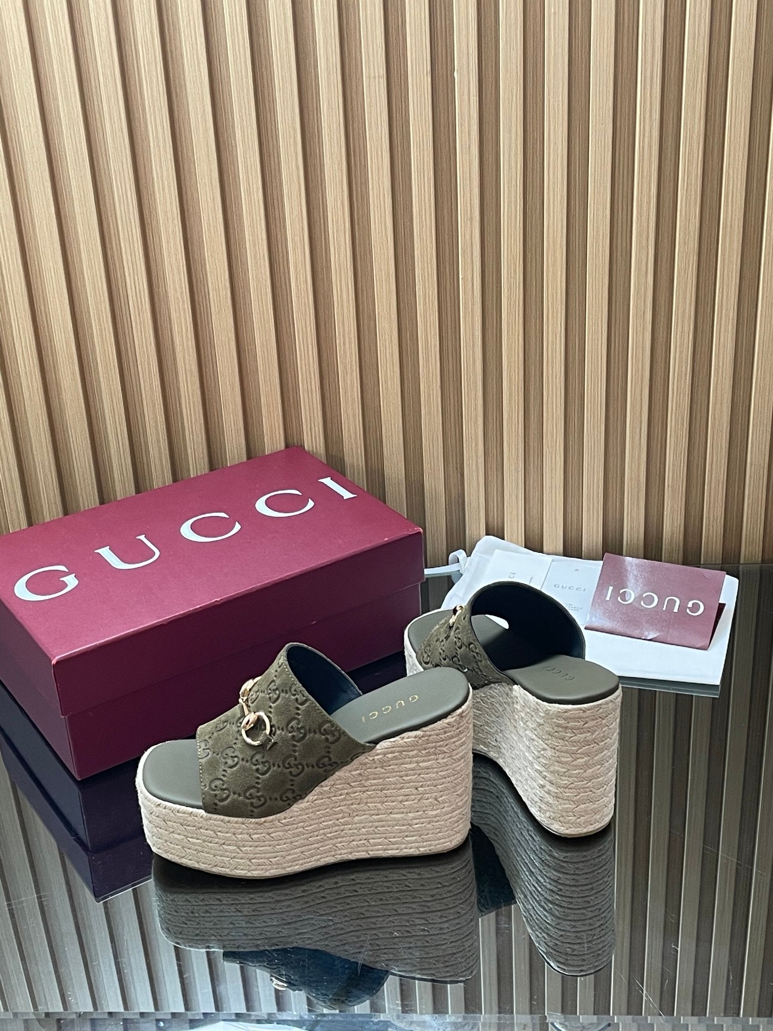 GUCCI 26S WEDGE SANDALS 110 MM IN OLIVE GREEN SUEDE GG MONOGRAM