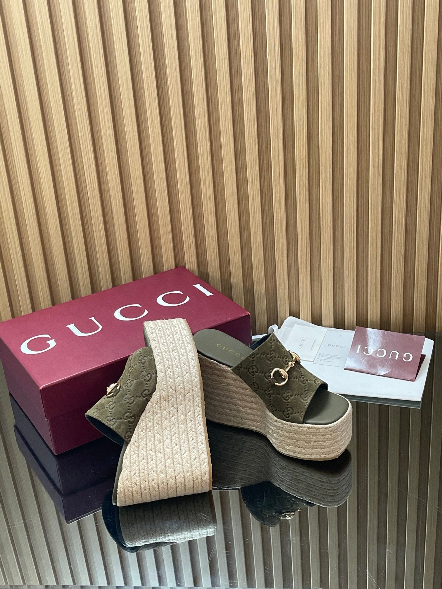 GUCCI 26S WEDGE SANDALS 110 MM IN OLIVE GREEN SUEDE GG MONOGRAM