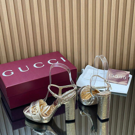 GUCCI 26S HIGH-HEEL SANDALS 125 MM IN METALLIC GOLD LAMBSKIN