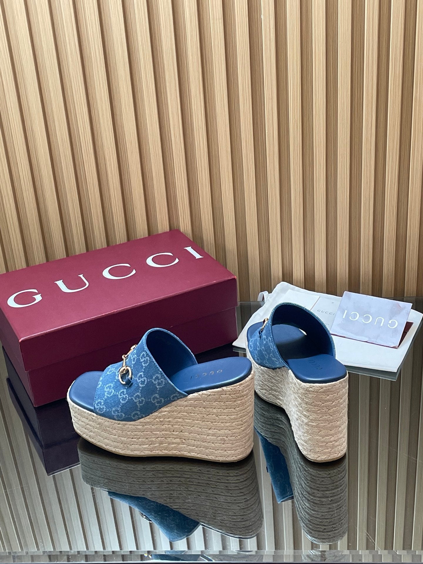GUCCI 26S WEDGE SANDALS 110 MM IN BLUE CANVAS GG MONOGRAM