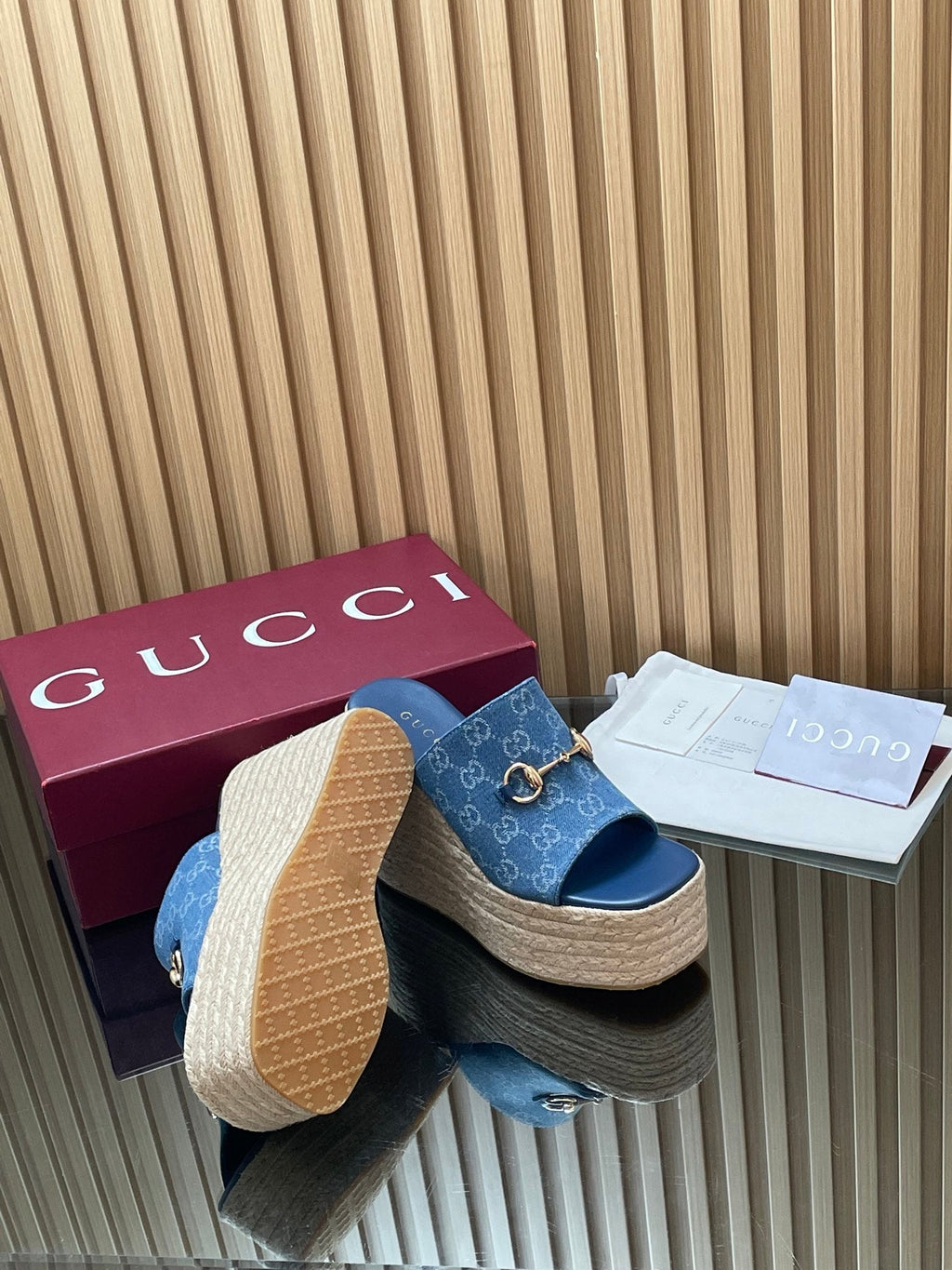 GUCCI 26S WEDGE SANDALS 110 MM IN BLUE CANVAS GG MONOGRAM