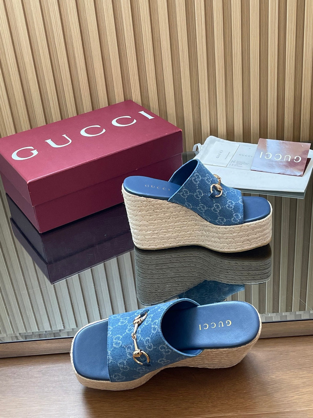 GUCCI 26S WEDGE SANDALS 110 MM IN BLUE CANVAS GG MONOGRAM