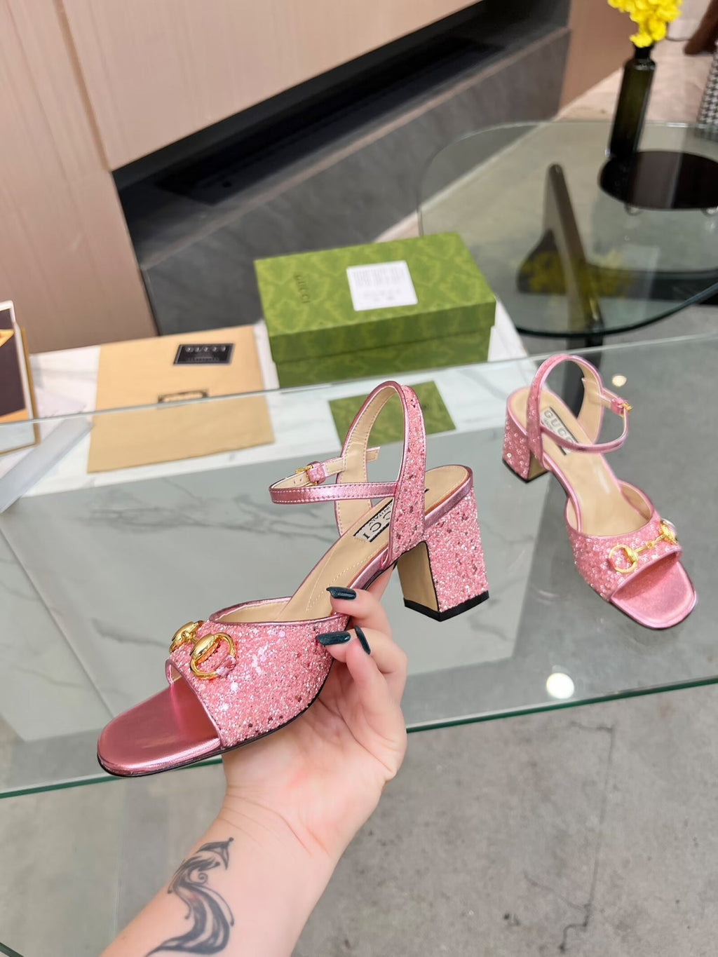 GG HIGH HEELS SANDALS 60 IN SHINY PINK LAMBSKIN