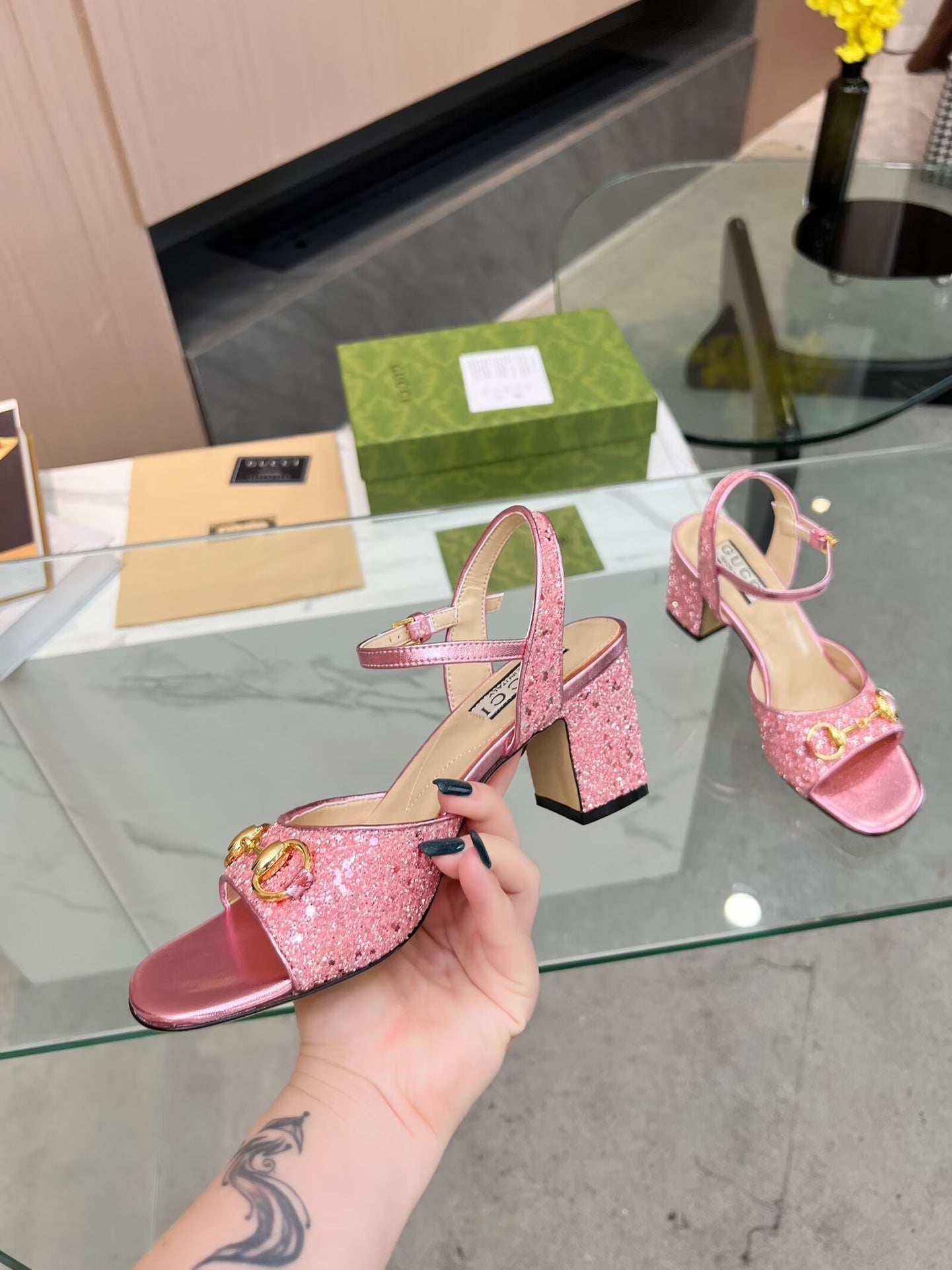GG HIGH HEELS SANDALS 60 IN SHINY PINK LAMBSKIN
