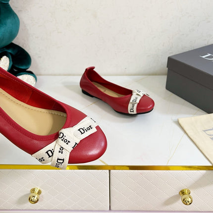 DIOR 26S BOW BALLET FLATS IN DARK RED CALFSKIN