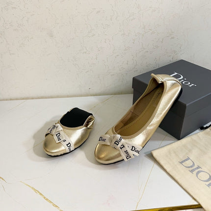 DIOR 26S BOW BALLET FLATS IN GOLD CALFSKIN